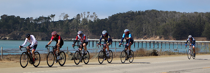 Bike riders along coast.